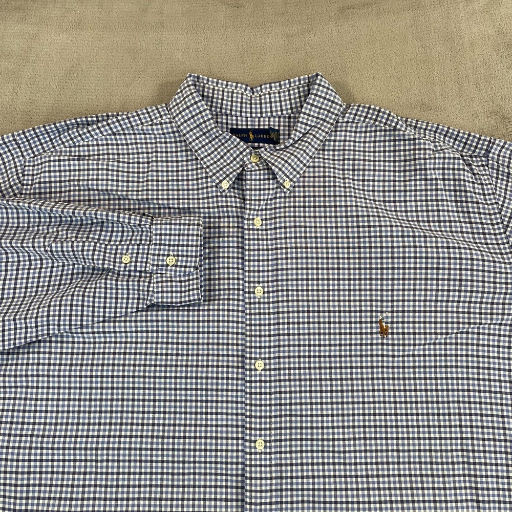 Polo Ralph Lauren Stretch Oxford Shirt Men 3XLT Tall Blue Check OCBD Flesh‎ Pony